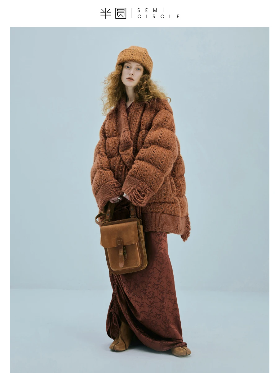 2023 winter Oblique Placket Woolen down Jacket Women's Simple Jacquard Hollow-out