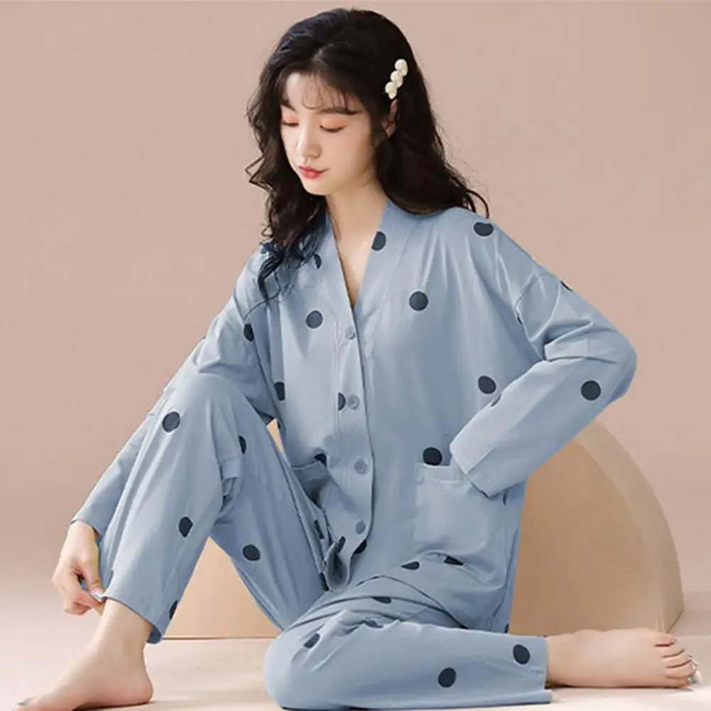 

Casual Lounge Outfit Stylish Women's Dot Print Sleepwear Set V-neck Long Sleeve Tops Elastic Waist Wide Leg Pants for Spring