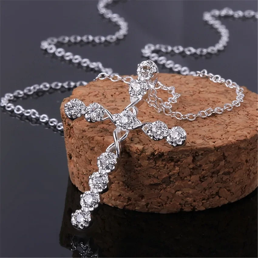 45cm 925 Sterling Silver Crystal Pendant Necklace Wedding Charms Women Fashion Jewelry Classic Cross Gift