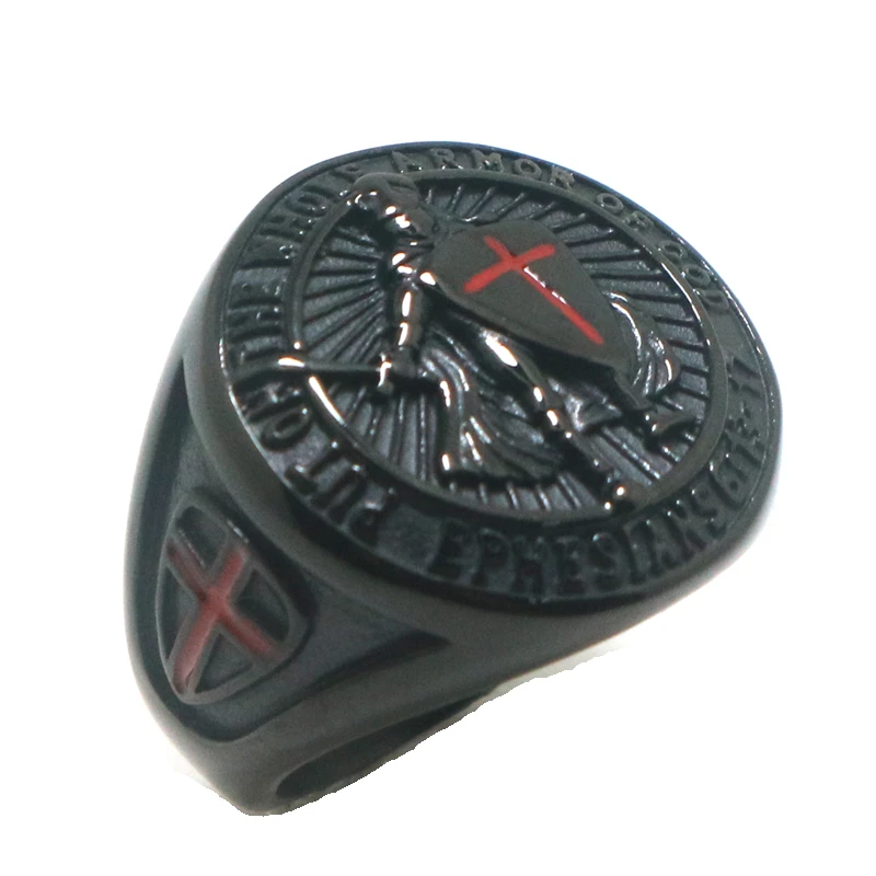 316L Stainless Steel Saint Paul Ephesians "Put On The Whole Armor Of God" Cross Knight Black Ring 2