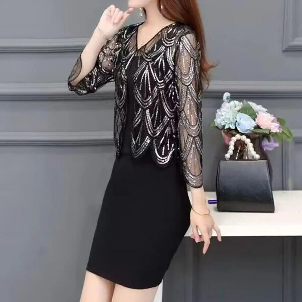 

Женский кардиган с блестками, элегантный сетчатый кардиган с V-образным вырезом для торжественных случаев и выпускного вечера, летняя верхняя одежда