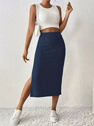 Elegant Navy Blue Casual Slit Skirt - S (DEEP BLUE)