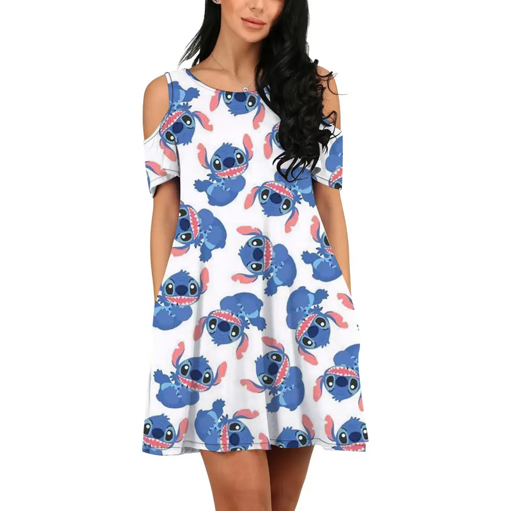 

Disney Brand Stitch and Mickey Anime Summer Harajuku Slim Fit New Women's Printed Kawaii Off Shoulder Dress 2022