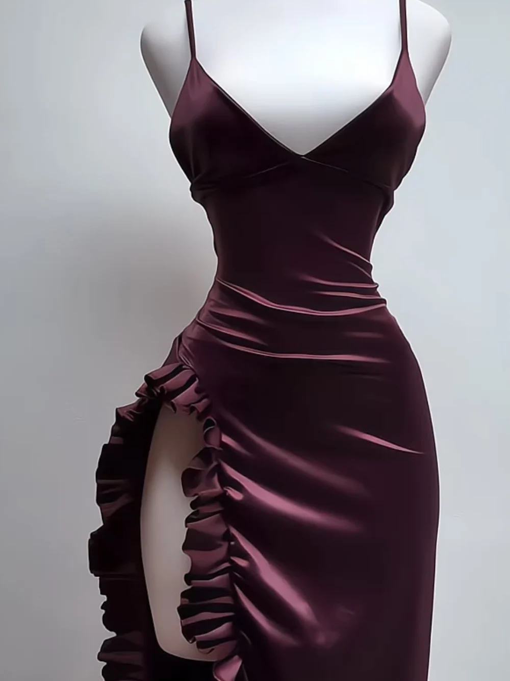 فستان ساتان خمري بفتحة جانبية أنيقة