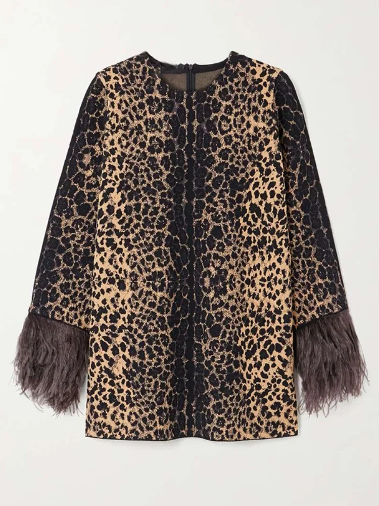 Onecozyday 2024 Women's Fashion Leopard Printed Round Neck Long Sleeves Shirt Top High Wasit Pants Feathers High Street Outfits 5