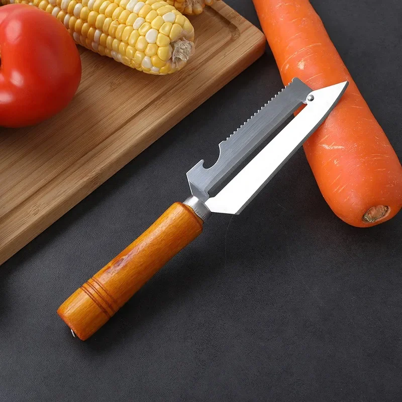 

Stainless Steel Peeler Multi-functional 3-in-1 Fruit Peeler with Wood Handle Scrapes Sugarcane Apple Melon Planes
