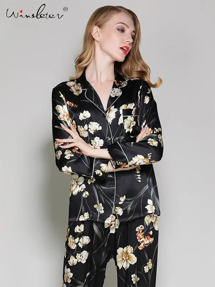 

2024 New Women Real Silk Pajama Sets,6A 22 MM 100%Real Silk Pajamas,Sleepwear Floral Printed Long Sleeve Pyjamas,P36709QM