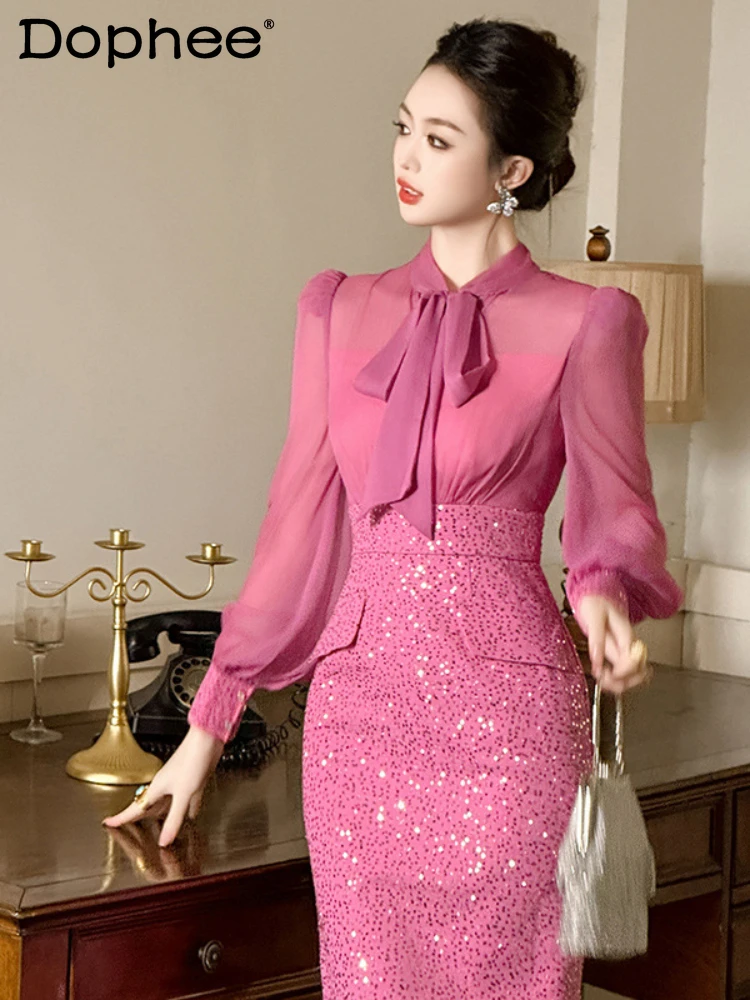 2024-spring-new-french-style-puff-sleeve-bow-collar-chiffon-patchwork-waist-slimming-bag-hip-sequins-fake-two-pieces-dress-women