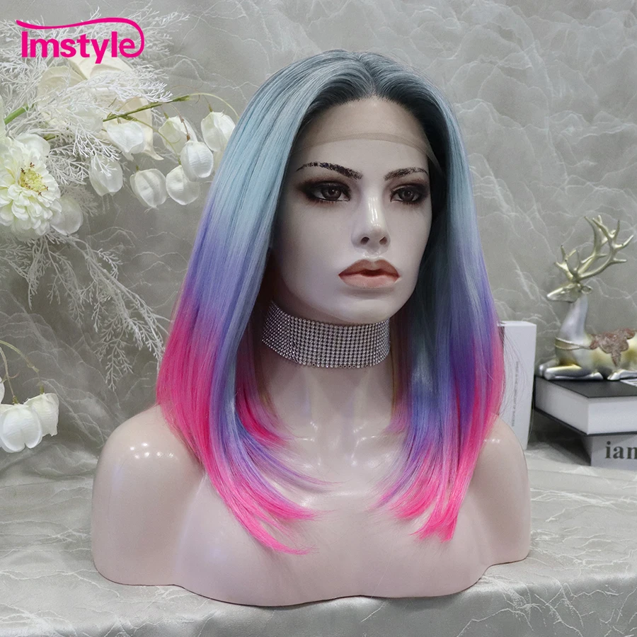 Imstyle Synthetic Lace Front Wig Straight Wig T Part Lace Ombre Blue Pueple Pink Heat Resistant Fiber Cosplay