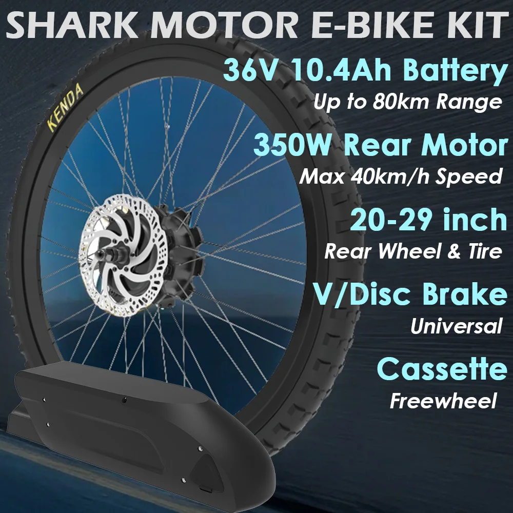 80km Long Range Shark Motor Ebike Kit with 20-29 inch Wheel 350W Rear Hub Motot up to 40km/h Easy Installation for Newcomer