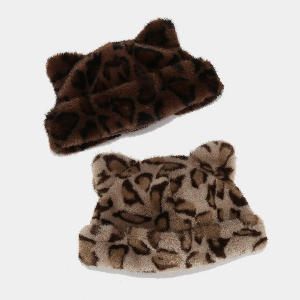 Fashion Autumn Winter Fisherman Hat Cat Ear Basin Hat Leopard Print Warm Mongolian Hat Ear Protection Hat