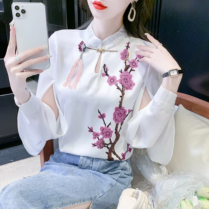 

Шифоновые женские рубашки, Новинка лета 2023, блузки в китайском стиле с цветочным принтом, топ свободного кроя с длинным рукавом и круглым вырезом, одежда YCMYUNYAN