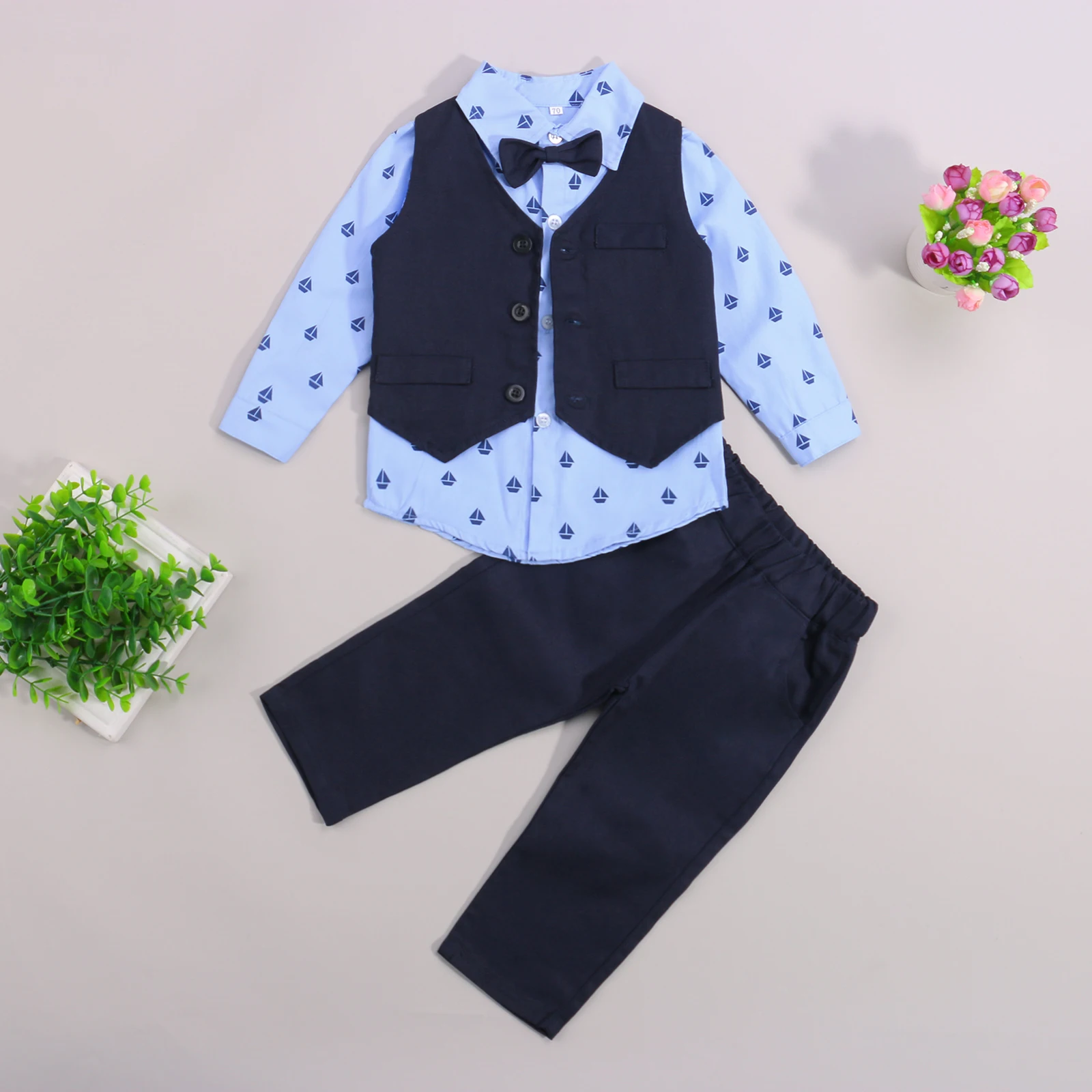 

3Pcs Toddler Outfits Single-Breasted Waistcoat + Sailboat Print Long Sleeves Shirt+ Suit Trousers For Boys 9 M-5 Y Fashion Hot
