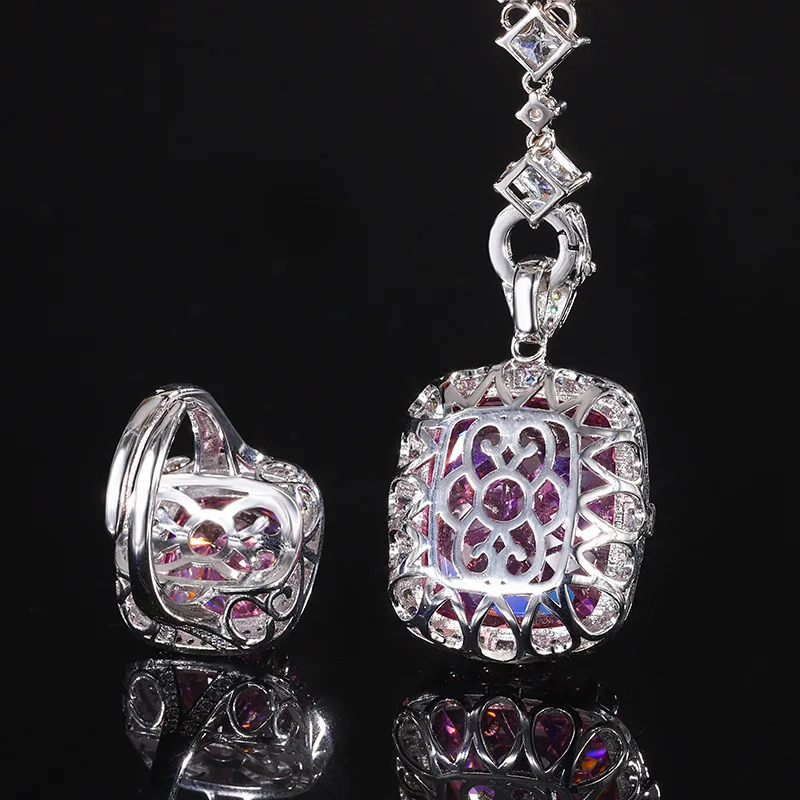 Exquisite Adjustable Ring Pendant Necklace Blue Pink High Carbon Drill Cushion Cut Jewelry in Elegant Style for Women Party Gift