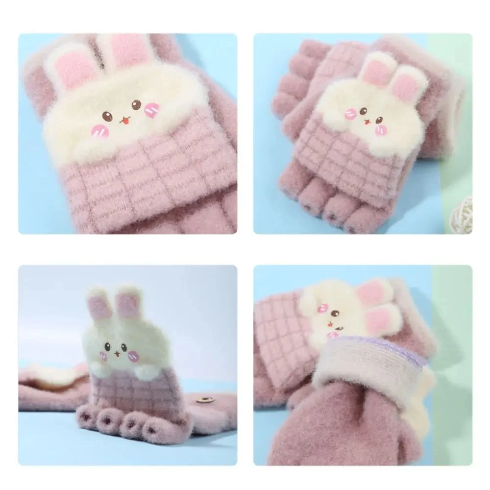 Half Finger Flip Kids Thick Warm Gloves Autumn Winter 4-12years Children's Wool Knitted Gloves Flip Fingerless Rabbit