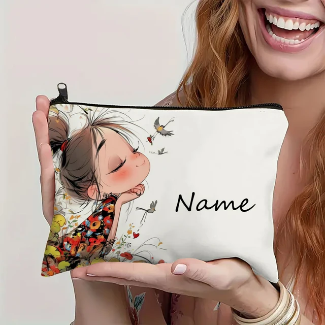 Custom Name Vintage Cute Girl Pattern Makeup Bag Handbag Toiletry Bag Pencil Case Holiday Gift Cosmetic Bag
