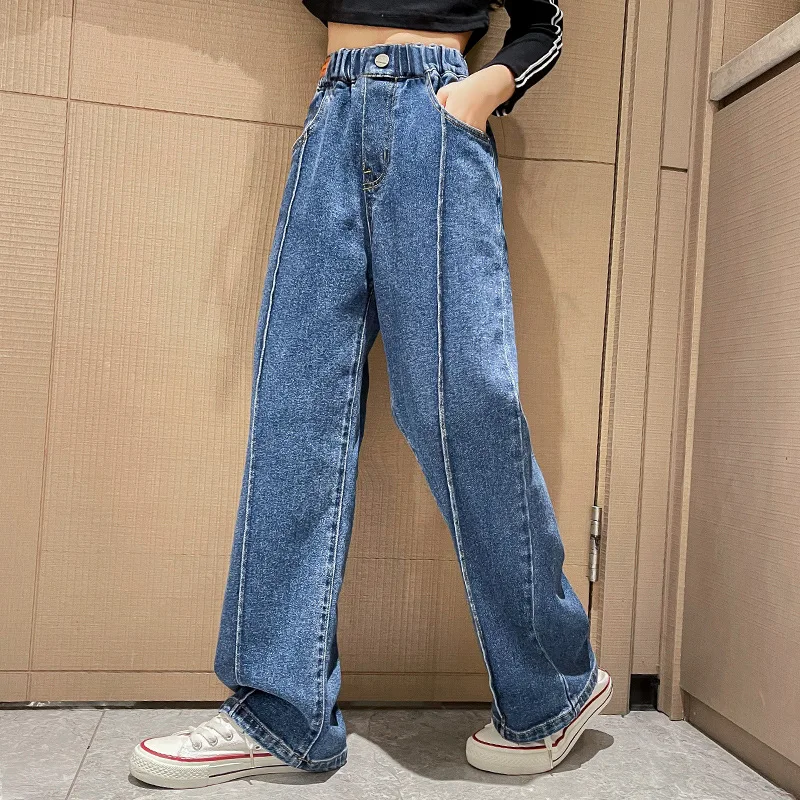 Teenage Girls Jeans 2024 Spring Autumn Casual Fashion Loose Blue Kids Leg  Wide Pants School Children Trousers 6 8 10 12 Year