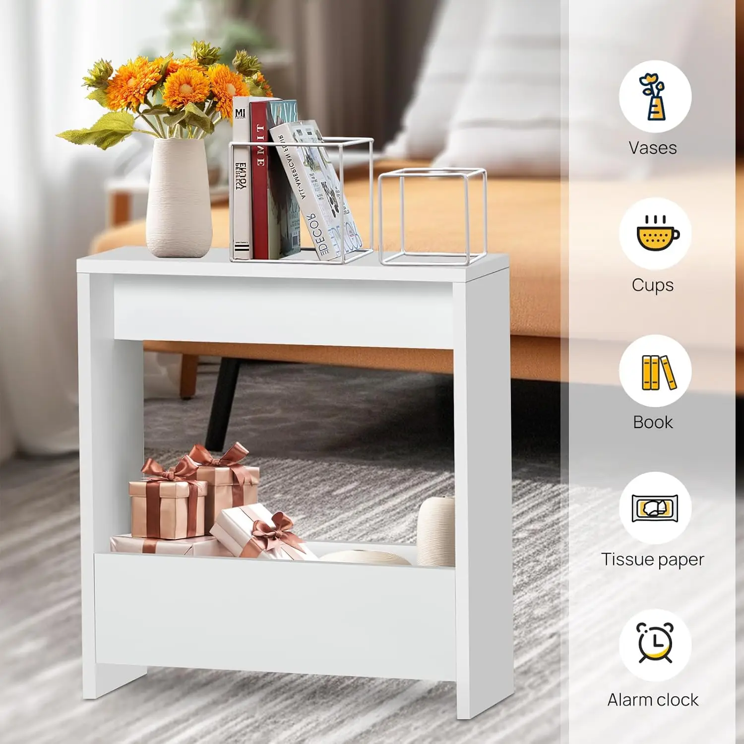 Narrow Side Table Space Saving with Storage Shelf Slim Bedside Table Sofa End Table Coffee Table for Living Room, Bedroom,Office