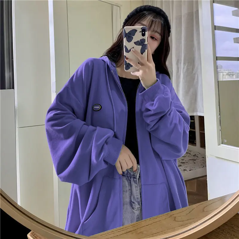 

Hoodies Women Korean Style Zip-up Harajuku Jackets Oversized Solid Pocket Sweatshirts Autumn Long Sleeve Loose Baseball Coat