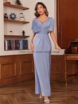 Abiti da cerimonia per la madre della sposa in raso lucido da donna personalizzati per abiti da cerimonia da festa pieghettati con scollo a V e maniche corte svolazzanti