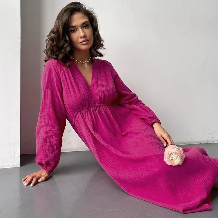 Muslin 100% Cotton Dresses Elegant Long Sleeve V-Neck High Waist Black White Midi Dress Women Robes Mori Girl Festival Clothing 1