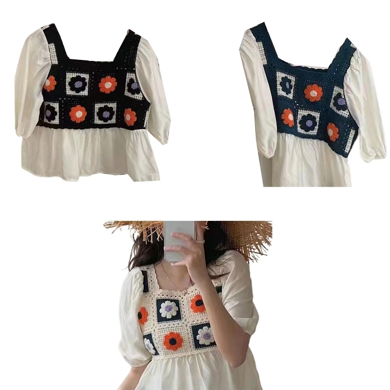 

Women Ethnic Puff Short Sleeve Square Neck Shirts Crochet Knit Sqaure Floral Splicing Crop Top Hem Casual Loose Blouse