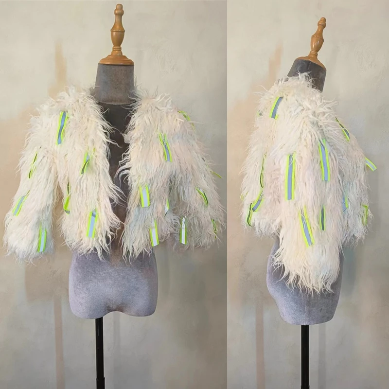 

Белое светоотражающее меховое пальто, женская джазовая одежда, одежда для певицы, сценического танца, одежда для ночного клуба, диджея, блестящая куртка для представлений DWY9658