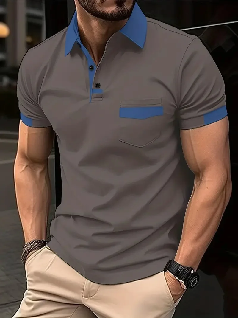 Mens Color Block Pocket T-Shirt - Casual Slim-Fit Fashion Polo