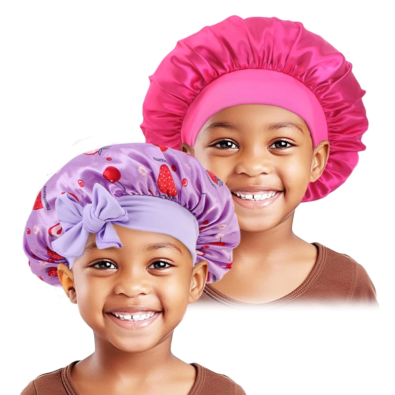 2PCS/LOT Solid Color Nightcap For Kids Wide Edge Printed Bow Sleep Hat Cute Baby Turban Multicolor Set Satin Beanie For Girls fashion lover couple sportwear set king queen printed hoodie and pants 2pcs set plus size men women tracksuits jogging suits