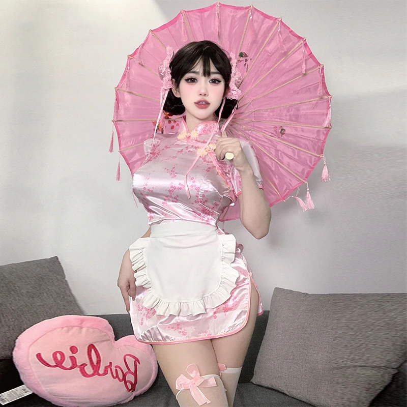 Sexy Chinese Little Chef Cosplay Costume Pink Cheongsam Lolita Maid Apron Dress Uniform Chinese Doll Role Play Cute Girl Outfits