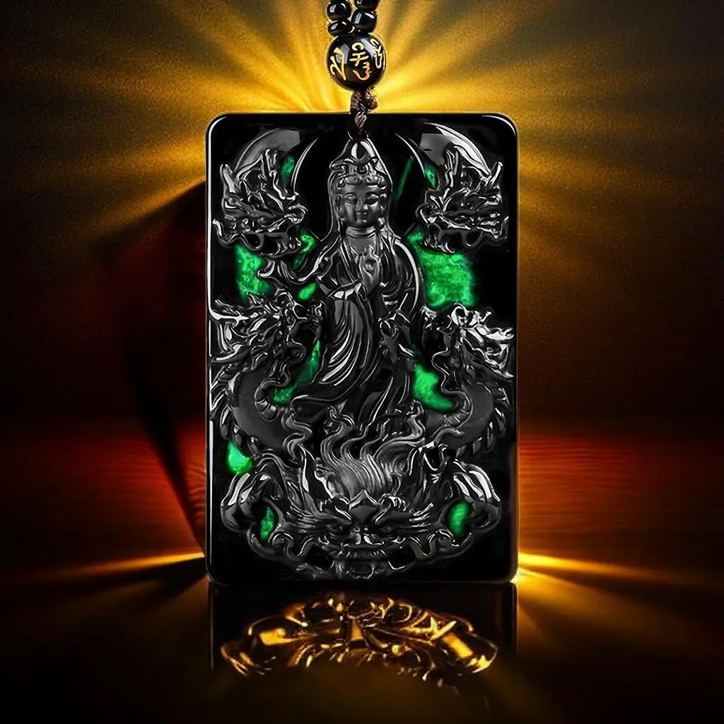 

Burmese Jadeite Guanyin Pendant Jewelry Natural Necklace Black Carved Pendants Talismans Gemstone Amulets Real Man Jade Charms