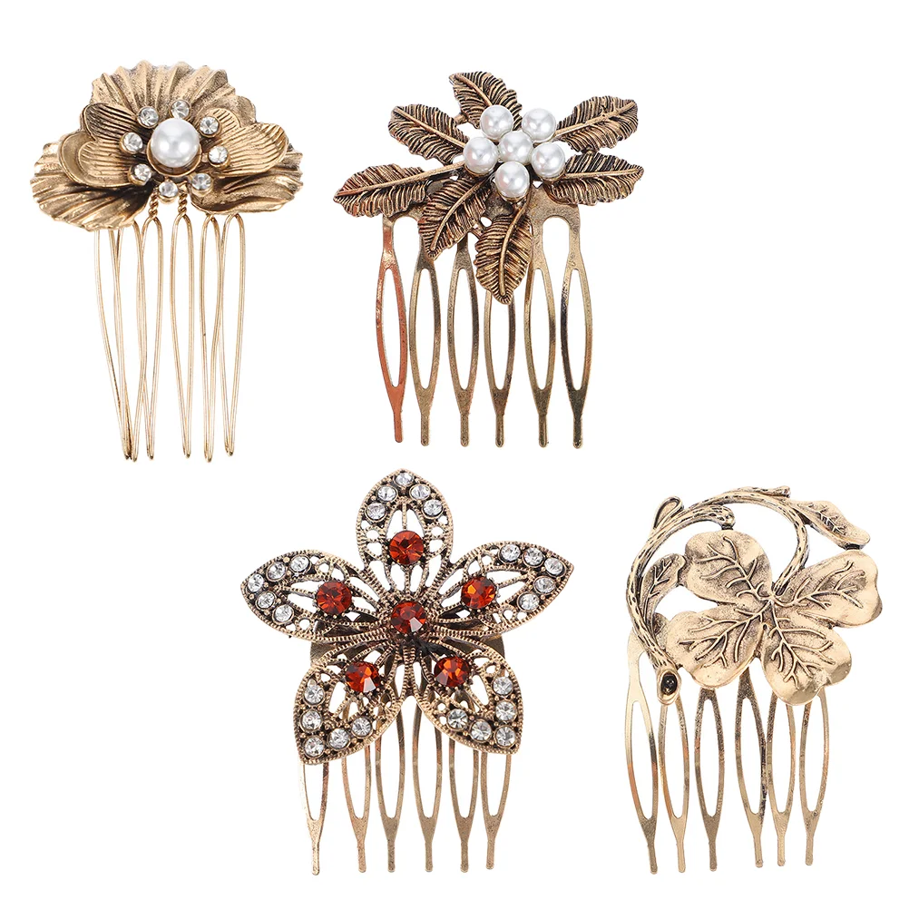 

4 Pcs Hairpin Combs Wedding Clips for Brides Vintage Leaf Headdress Pearl Accessories Zinc Alloy Women Hairpins