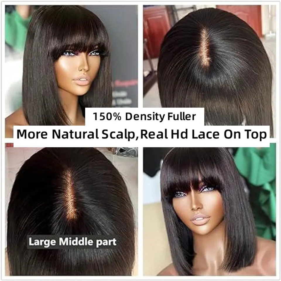 3X1 Middle Part Lace Straight Short Bob Wig With Bangs Human Hair Glueless