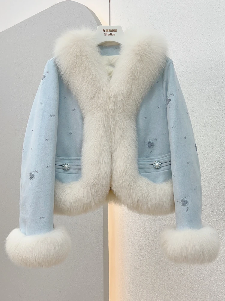 

Sweet Temperament Fox Fur Fur Coat for Women 2023 Winter New Goose Down Down Feather Liner Short Long Sleeve Jacket Female