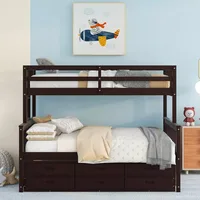 Twin Over Full Bunk Bed with Twin Size Trundle and 3 Storage Drawers, Solid Wood Bunk Bed Frame with Ladder, Children Beds 1
