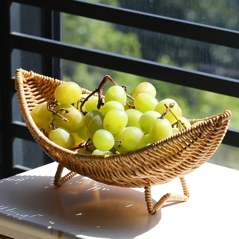 Rattan Fruit Bowl Tray for Coffee Table Woven Sundries Basket Rattan Fruit Tray Crecent Shape Basket Plastic Rattan Egg Basket