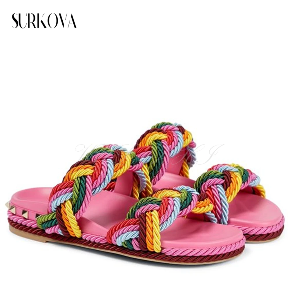 

Multicolored Rope Stud Flat Slides Braided Slingback Espadrilles Roman Style Woven Casual Sandals Roman Woven Casual Sandals New