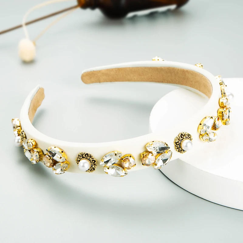Hairpin, European and American Retro Baroque Style Alloy Accessories, Pearl Rhinestones, Flower Thin Edge, Hundred Tie Headband