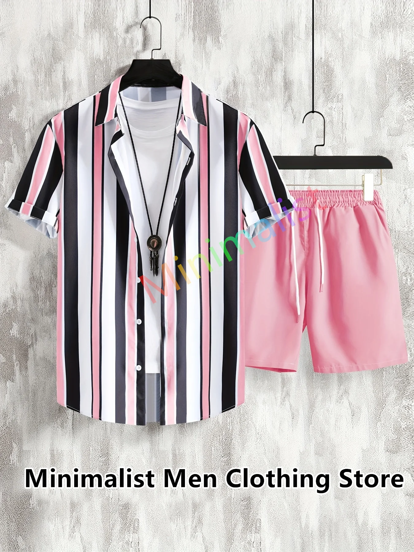New Fashion Hawaiian Strip Print Shirt Set Short Sleeve Button Streetwear Summer Casual Shirt Beach Two Piece Outfits Men Sets