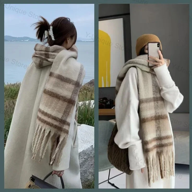 Winter Warm Plaid Fringe Schal Frauen Vintage Verdicken Farbe Schal Paar Ins Koreanische Veet Marke Schals Herbst Im Freien_voghion.com