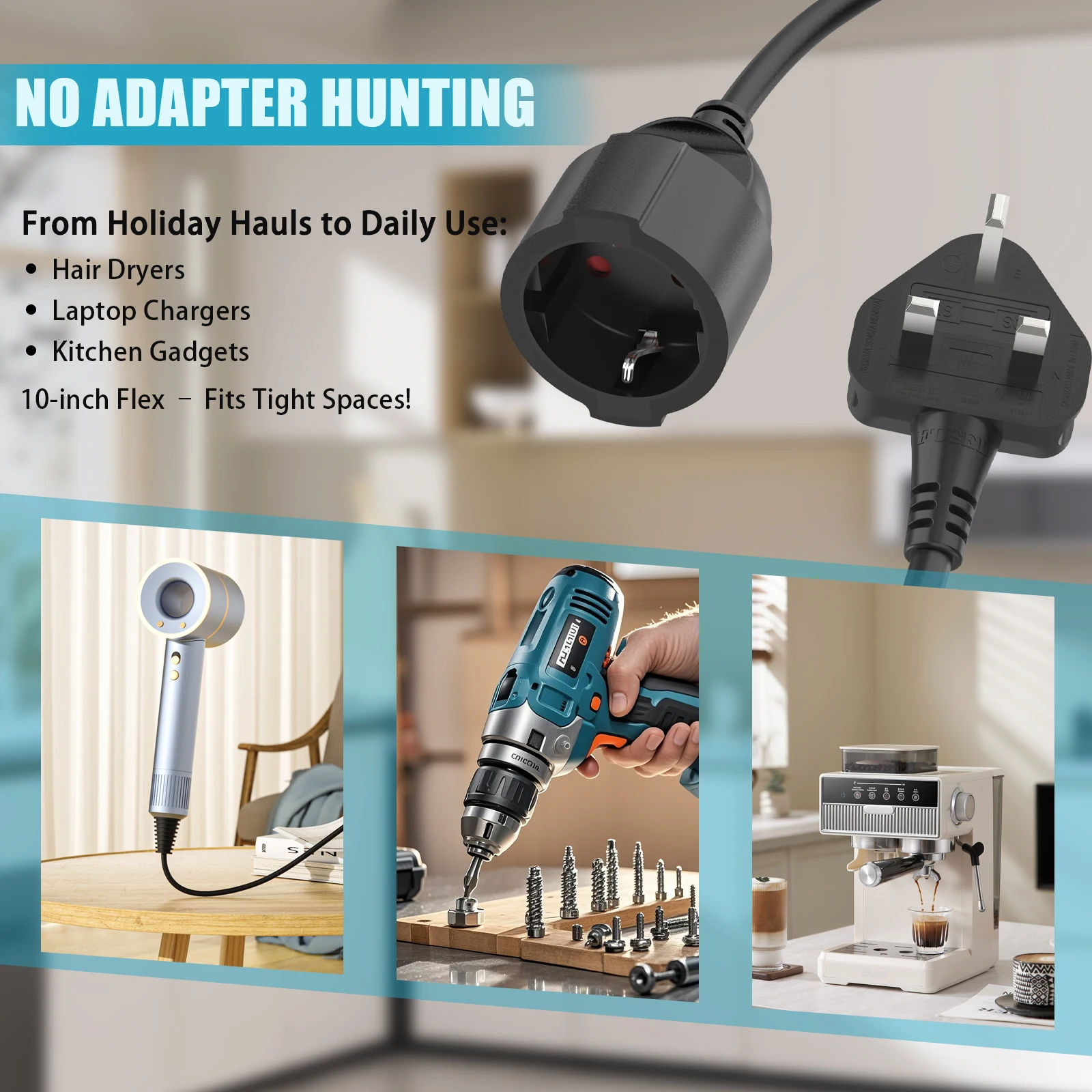 Universal EU to UK Power Adapter - Compact Travel Extension Cord 250V/13A