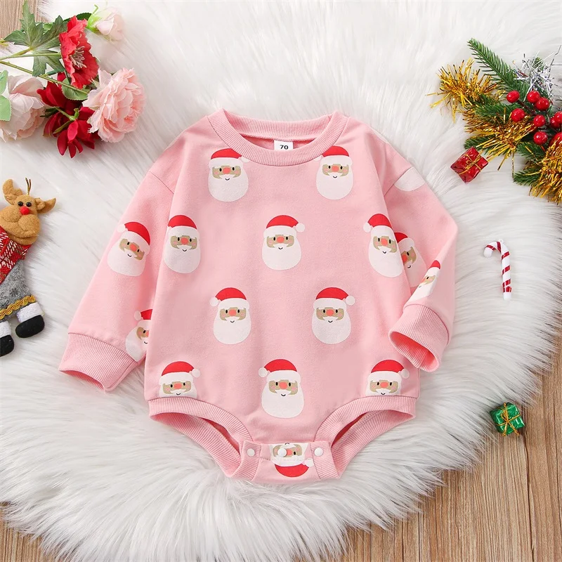 

Baby Girls Spring Casual Romper Pink Long Sleeve O Neck Santa Claus Print Playsuit