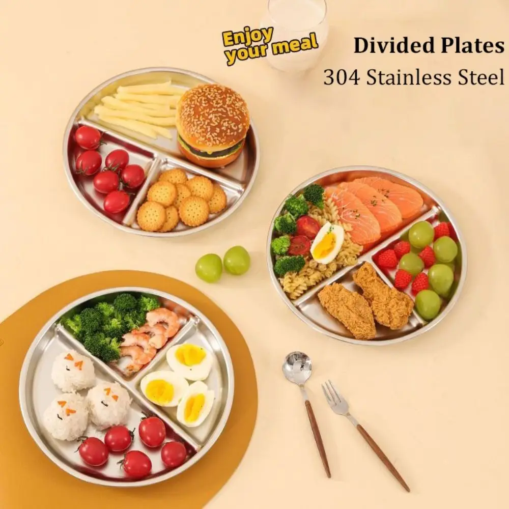 Multifunctional 304 Stainless Steel Portion Control Plates 9" inch Reusable Divided Plates Round Food Trays for Adults Kids