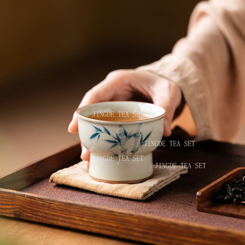 Grass and Ash Hand-painted Orchid Ceramic High Footed Master Cup Single Kung Fu Tea Set Tea Tasting Cup High Footed Tea Cup