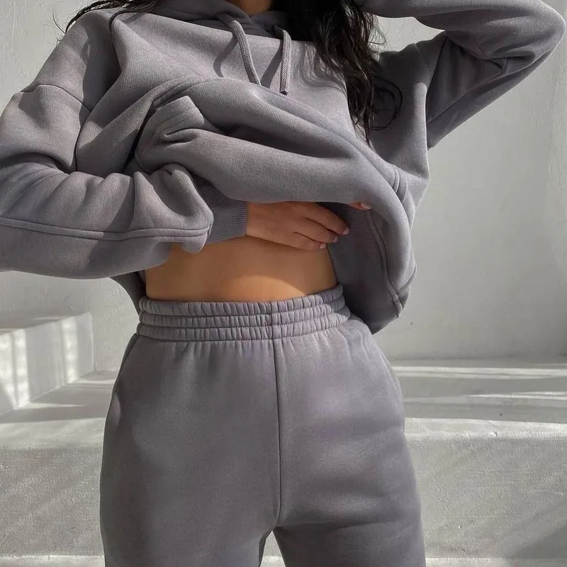Leisure Fashion Sports Autumn and Winter New Women's Solid Color Plus Velvet Pocket Long-sleeved Hoodie Pants Two-piece Suit