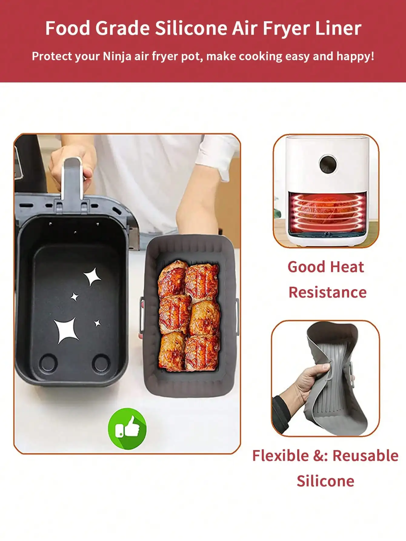 Air Fryer Liners Silicone Baking Mat Air Fryer Accessories Air Fryer Silicone Tray Leeseph Air Fryer Silicone Liners Reusable Rectangular Air Fryer Silicone Pot for Easy Clean Dish Liner Grill Pan Mat