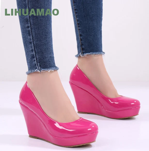 Princess style Patent Leather Pink Pump Shoes Espadrilles Wedges Platform Women High Heel Office Lady Shoes party wedding 1