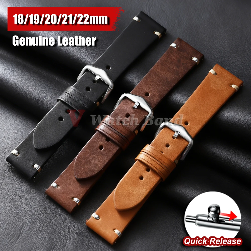 Vintage Retro Genuine Leather Watch Band - Quick Release Strap Bracelet Accessories