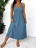 2025 New Arrival - Elegant Blue Sleeveless V-Neck Dress with Ring Detail, Lightweight Stretch Fabric, Perfect for Spring/Summer, - Image 2
