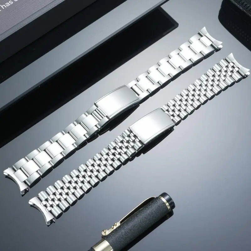 Silver Polished 19mm Hollow Curved End Oyster Style Watch Band Bracelet